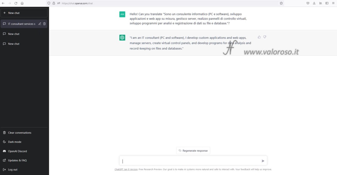 ChatGPT di OpenAI, intelligenza artificiale, Chat GPT 3, testo tradotto da italiano a inglese