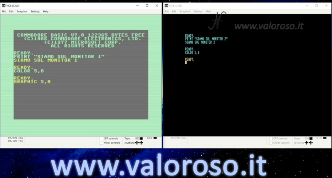 Connect two monitors to the Commodore 128, C128 dual color monitor, Vice emulator Basic program