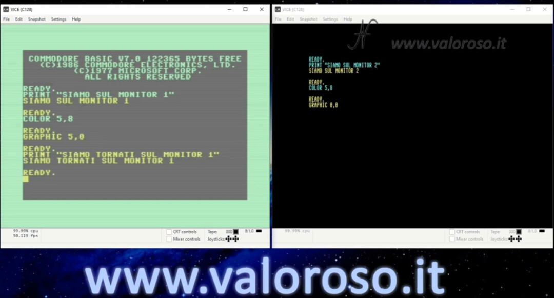 Collegare due monitor al Commodore 128, C128 doppio monitor colori, programma Basic emulatore Vice Graphic 5,0 Graphic 0,0 Color WinVice