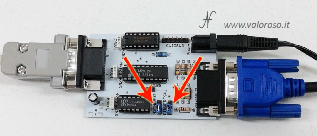 Connect two monitors to Commodore 128, RGBI interface converter adapter kit CGA to VGA 15kHz jumpers, CINVERTSV1 HSYNCSV2, reverse sync