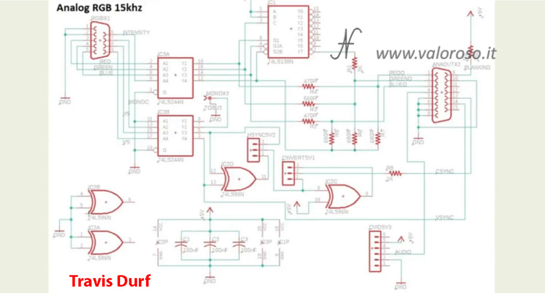 Collegare due monitor al Commodore 128, schema adattatore convertitore interfaccia kit diy montaggio RGBI CGA to VGA 15kHz, Travis Durf