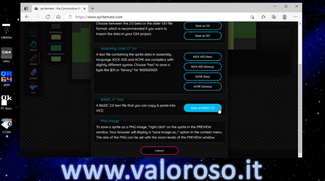 Come disegnare uno sprite a colori per il Commodore 64 con sprite editor SpriteMate, salvare in Basic 2