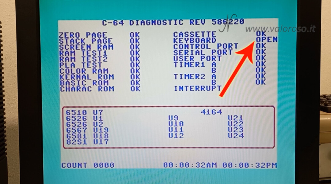 How to turn the Commodore 64 back on diagnostic test cartridge 586220 C64 with harness connectors connected keyboard open, ram zero stack screen pla kernal basic rom charac cassette keyboard control port serial port user port timer1 timer2 timer interrupt sound test SID 4164 6510 6526 6567 6581 82S1 U7 U1 U2 U19 U18 U17 U9 U10 U11 U12 U21 U22 U23 U24 4066 c-64 diagnostic rev 586220 ok