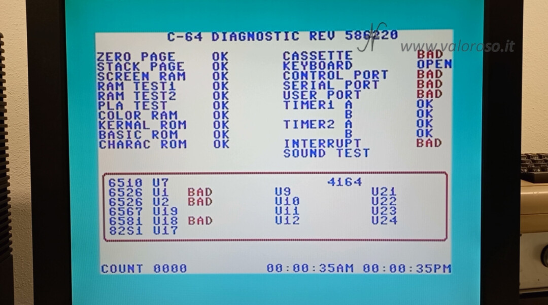 How to turn the Commodore 64 back on diagnostic test cartridge 586220 C64 without harness connectors bad working, ram zero stack screen pla kernal basic rom charac cassette keyboard control port serial port user port timer1 timer2 timer interrupt sound test SID 4164 6510 6526 6567 6581 82S1 U7 U1 U2 U19 U18 U17 U9 U10 U11 U12 U21 U22 U23 U24 4066 c-64 diagnostic rev 586220 bad open ok