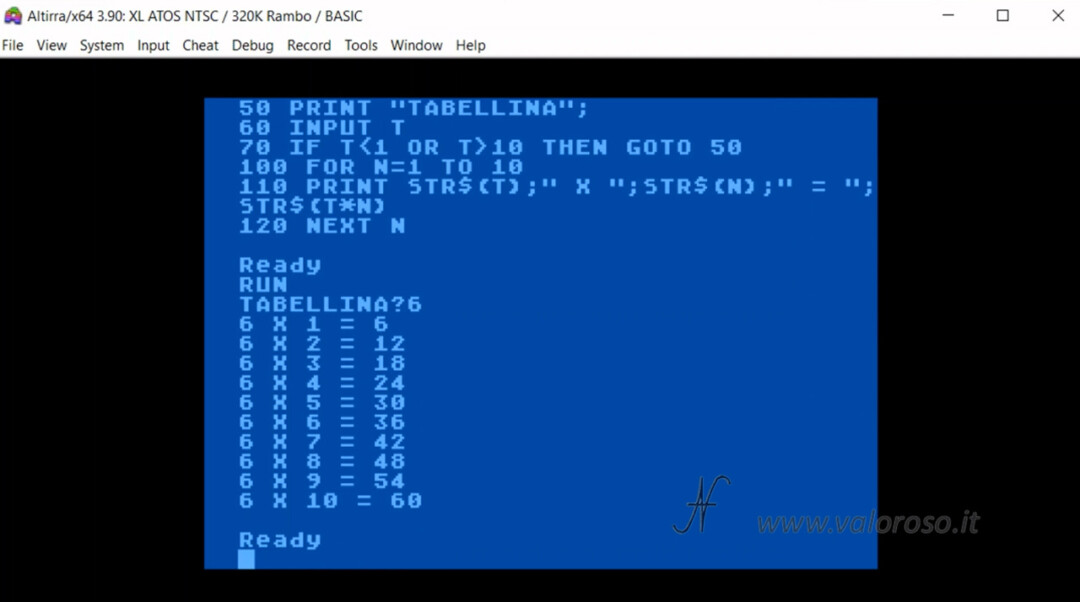 Come scrivere un programma in Basic Atari 800XL Altirra emulatore