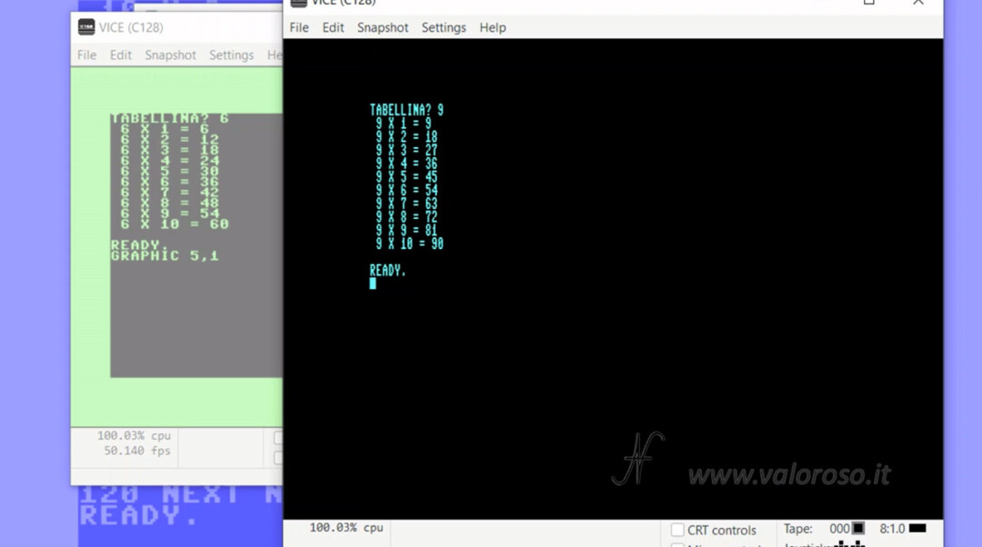 Come scrivere un programma in Basic C128 Commodore 128 dual monitor tabellina graphic WinVICE VICE emulatore