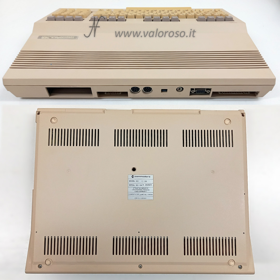 Commodore 128 personal computer vintage, vista posteriore porte, inferiore, retrocomputer