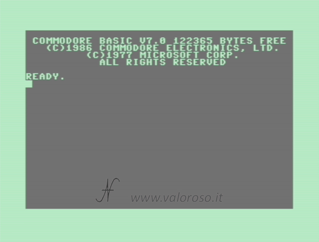 Commodore 128, Boot Screen, Initial Monitor, Basic V7, Commodore Basic V7.0 122365 Bytes Free (c)1986 Commodore Electronics, Ltd. (c)1977 Microsoft Corp. All right reserved. Ready