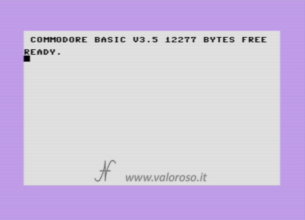 Commodore 16, C16, home screen, boot screen, schermata di avvio viola, basic v3.5, Commodore Basic v3.5 12277 bytes free, ready.