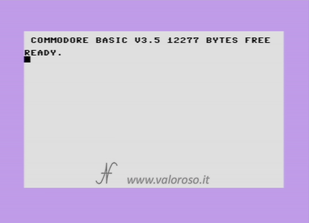 Commodore 16, C16, home screen, boot screen, purple boot screen, basic v3.5, Commodore Basic v3.5 12277 bytes free, ready.