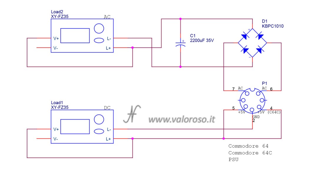 Commodore 64 PSU Tester, schema elettrico, tester sotto carico per alimentatori del Commodore 64, electronic load XY-FZ35 comprati su AliExpress