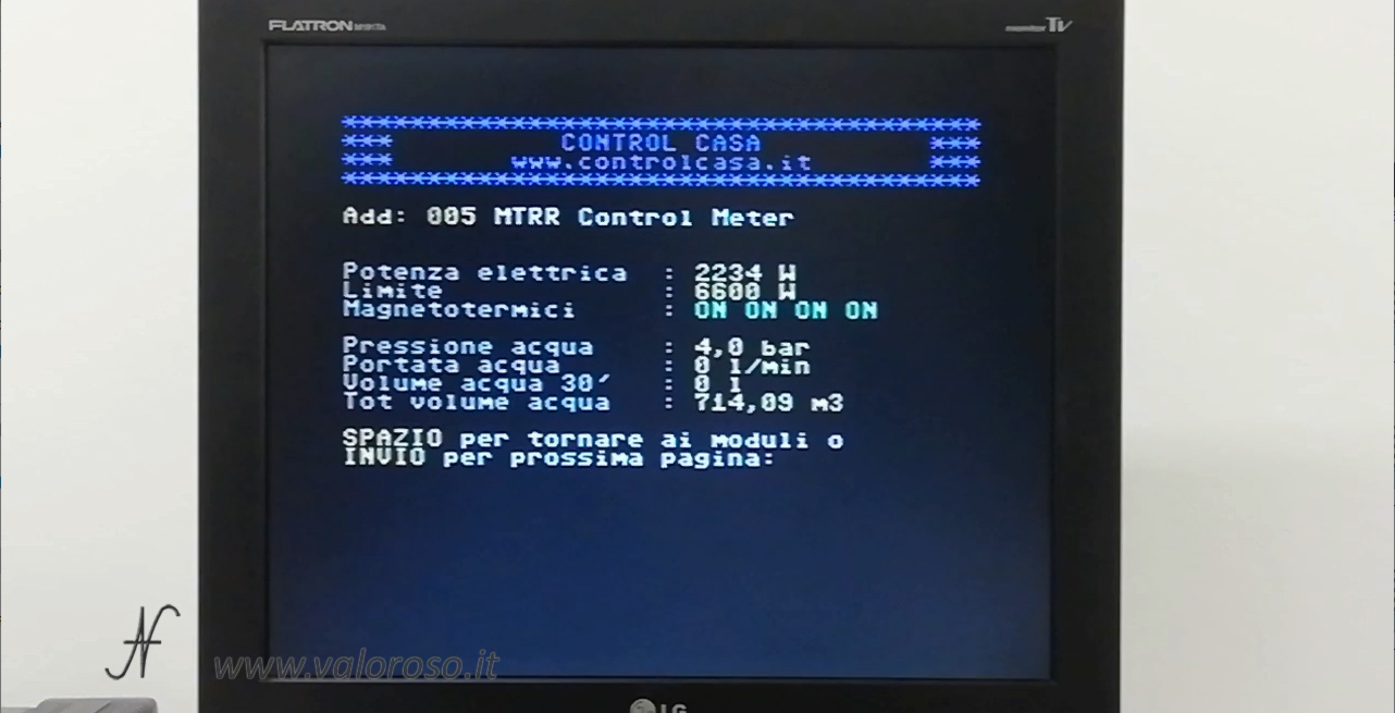 Commodore 64 e domotica, controllo carichi, Control Casa, misura potenza elettrica contatore, stato interruttori magnetotermici differenziali salvavita, misura consumo acqua, pressione acqua, m3, quantità, portata, flusso, totale, metri cubi, litri, bar
