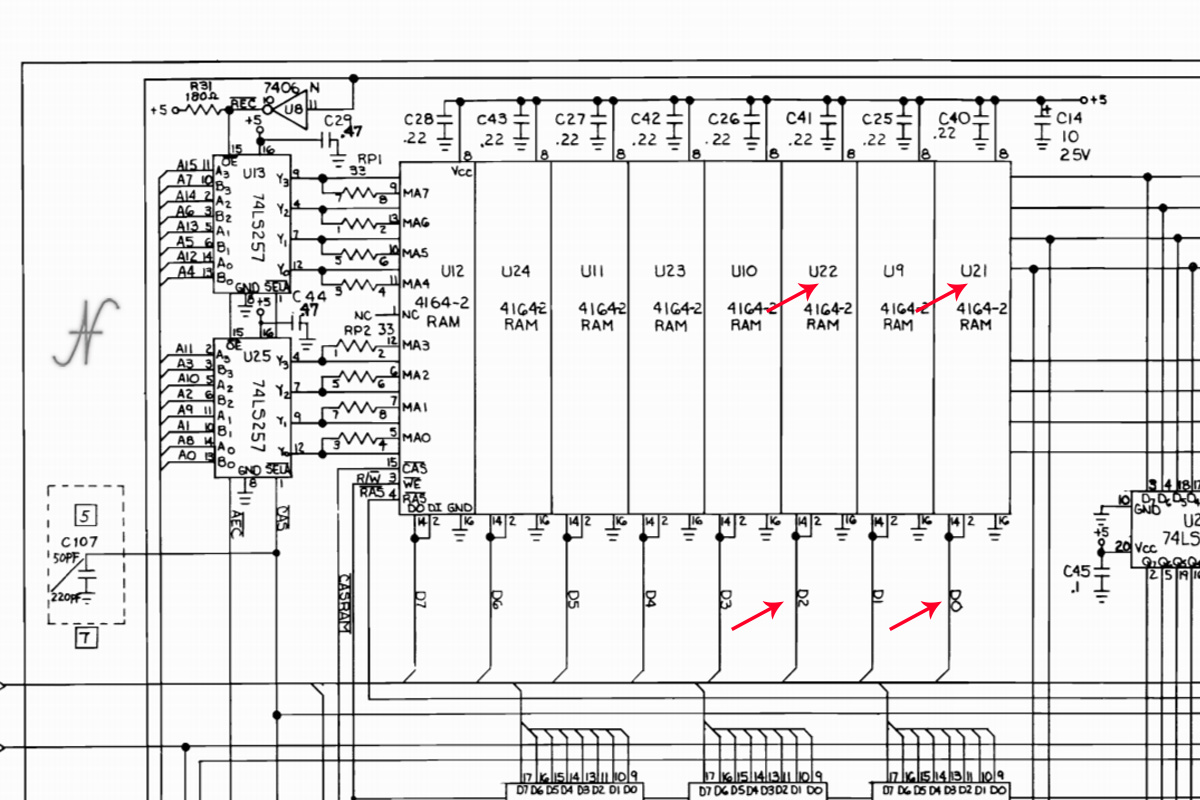Commodore 64, schema elettrico, schema RAM, chip memoria MT4264-15, MT4264-20, 4164-2, HM4864P-2, M3764-15RS, D0 U21, D1 U9, D2 U22, D3 U10, D4 U23, D5 U11, D6 U24, D7 U12, 64Kx1 150ns 16-pin DIP DRAM chip