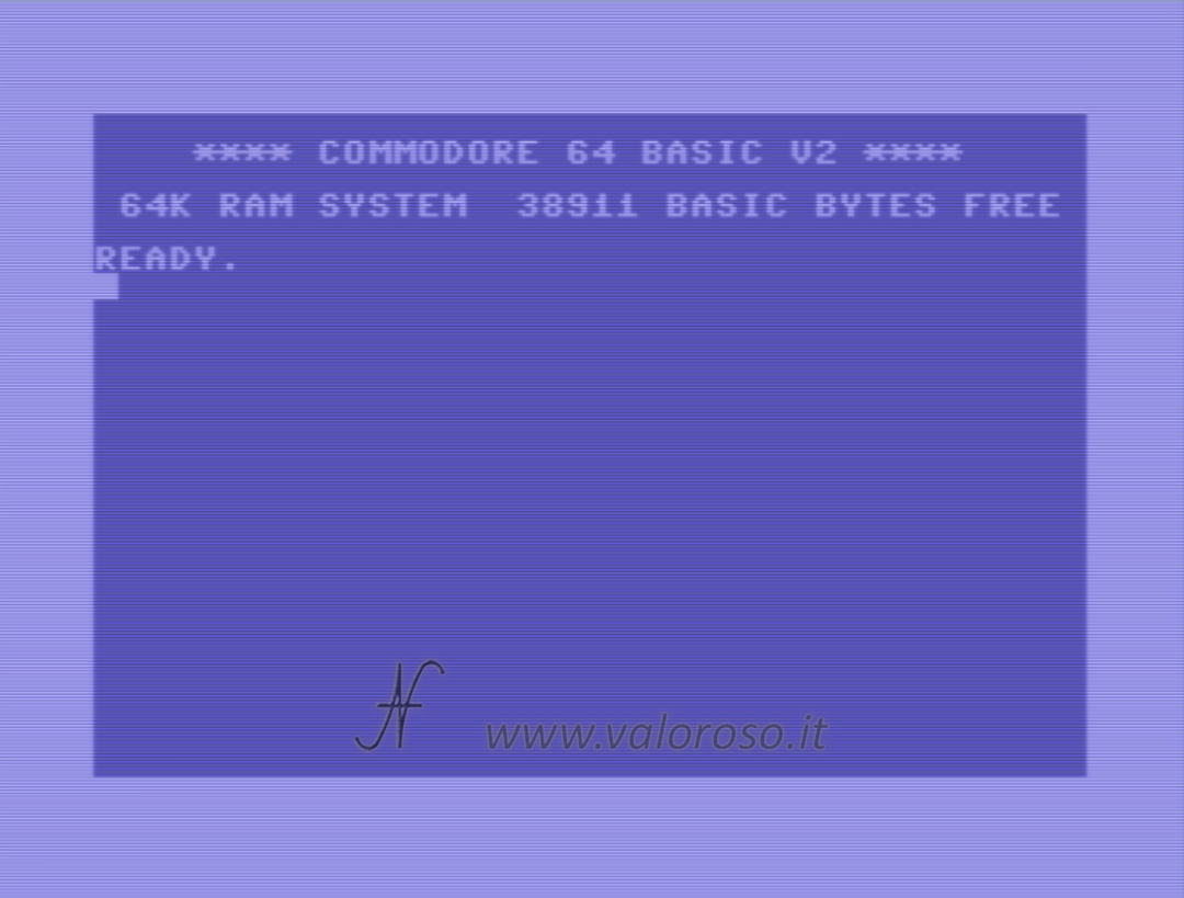 Commodore 64, schermata di avvio, monitor iniziale, Basic V2, **** Commodore 64 Basic V2 ****, 64K RAM System, 38911 basic bytes free, Ready