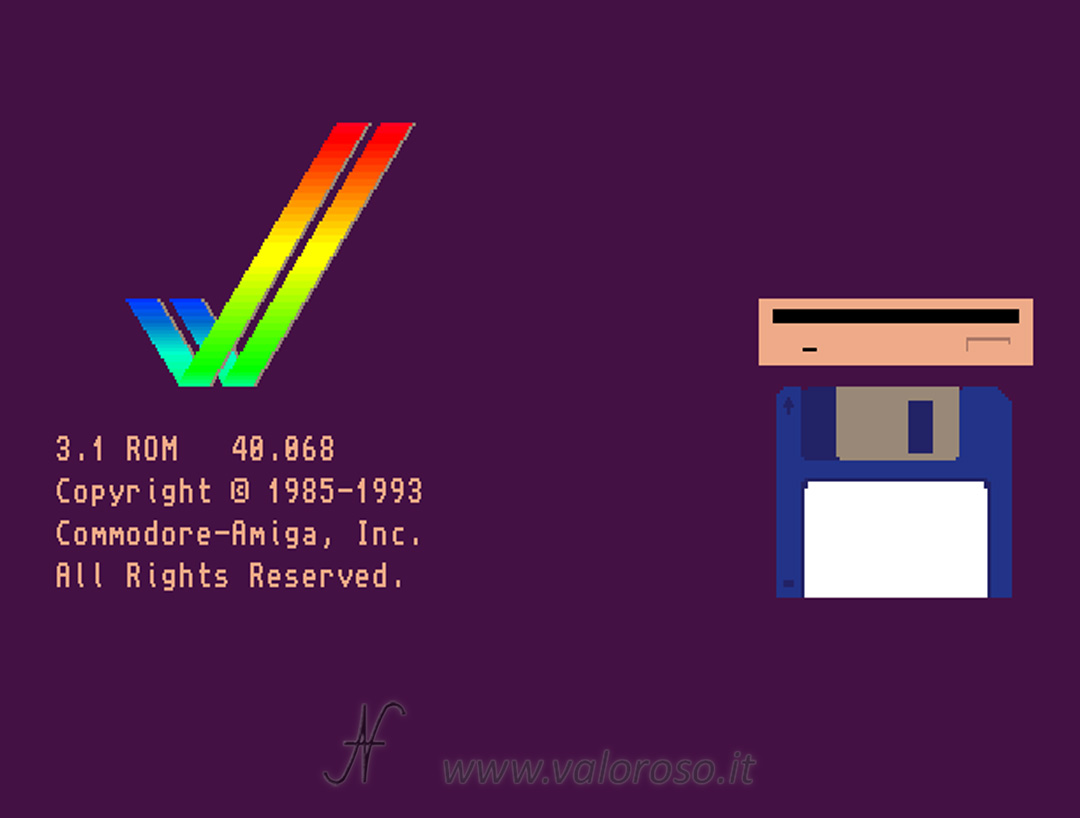 Commodore Amiga 1200 boot screen, schermata di avvio, 3.1 ROM 40.068 Copyright 1985-1993 Commodore-Amiga, Inc. All rights reserved, VV, A1200, Amiga A1200, CBM A1200