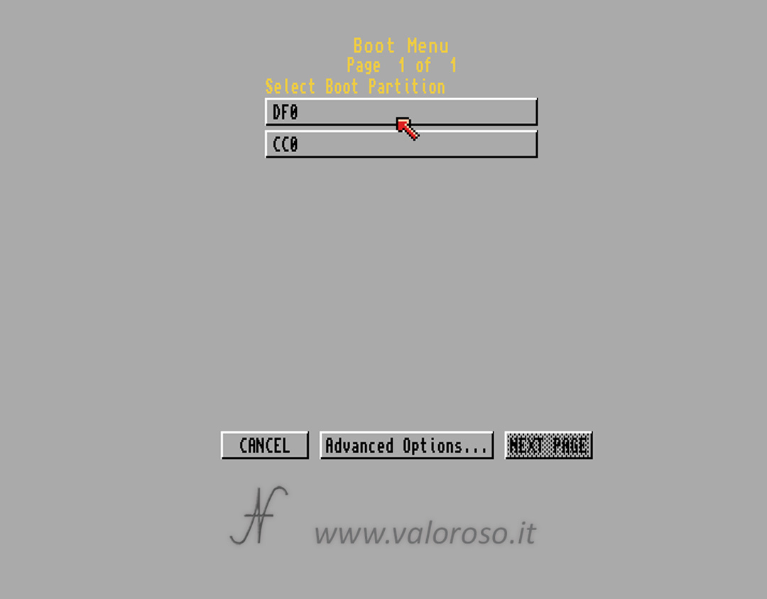 Commodore Amiga 600, CBM A600, boot menu, select boot partition, startup menu, selezionare periferica di avvio, tenere premuti entrambi i pulsanti del mouse, DF0, CC0, advanced options
