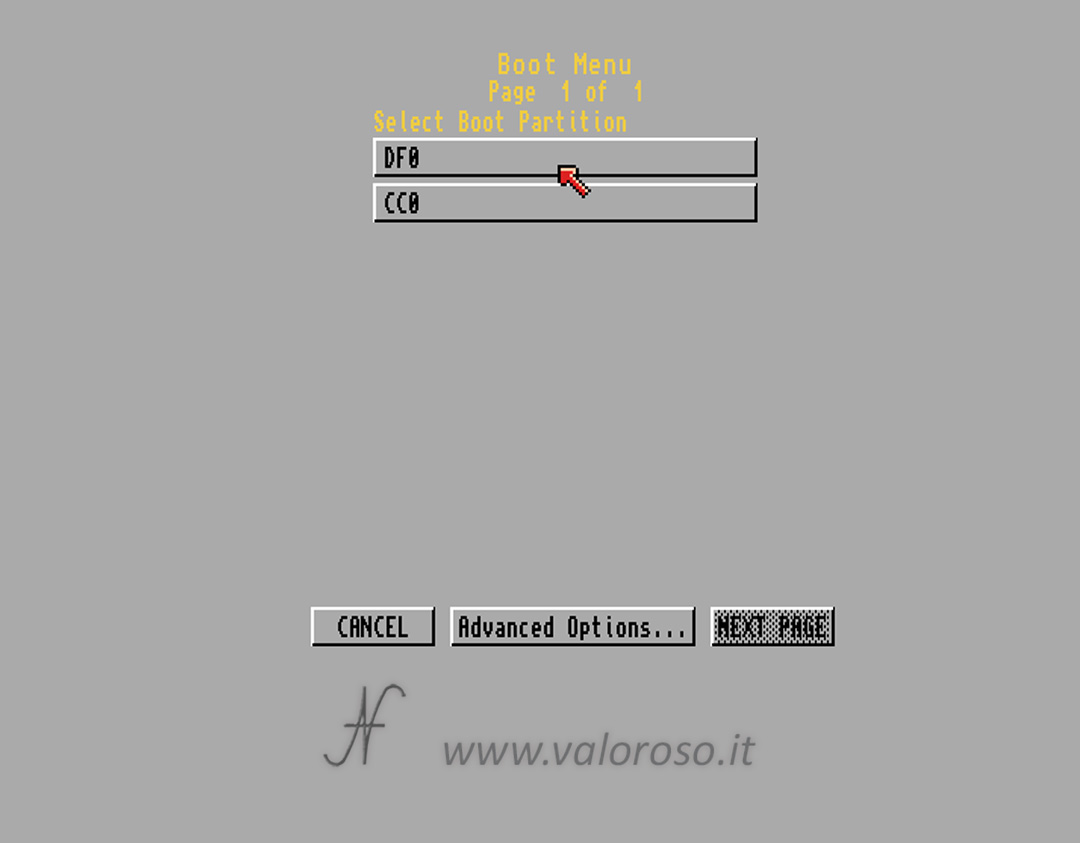 Commodore Amiga 600, CBM A600, boot menu, select boot partition, startup menu, select boot device, hold down both mouse buttons, DF0, CC0, advanced options