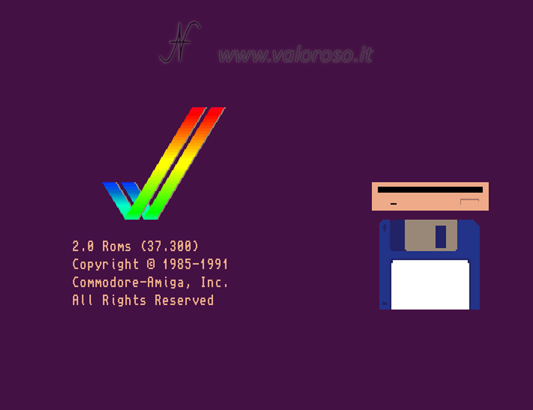 Commodore Amiga 600, vintage computer A600, KickStart ROM 2.0 2.05 37.300 boot screen startup, boot screen diskette, Copyright 1985-1991 Commodore-Amiga Inc