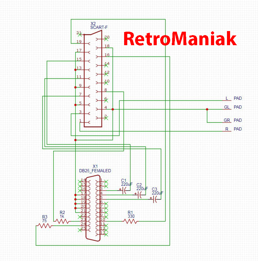 Commodore Amiga, RGB to SCART adapter converter, audio video cable, Retromaniak wiring diagram