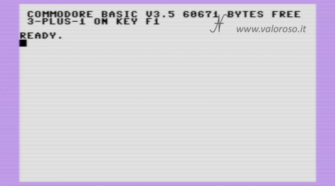 Commodore Plus4 Plus-4 Plus 4, schermata iniziale Commodore Basic V3.5 60671 bytes free, 3-plus-1 on key F1, emulatore VICE WINVICE