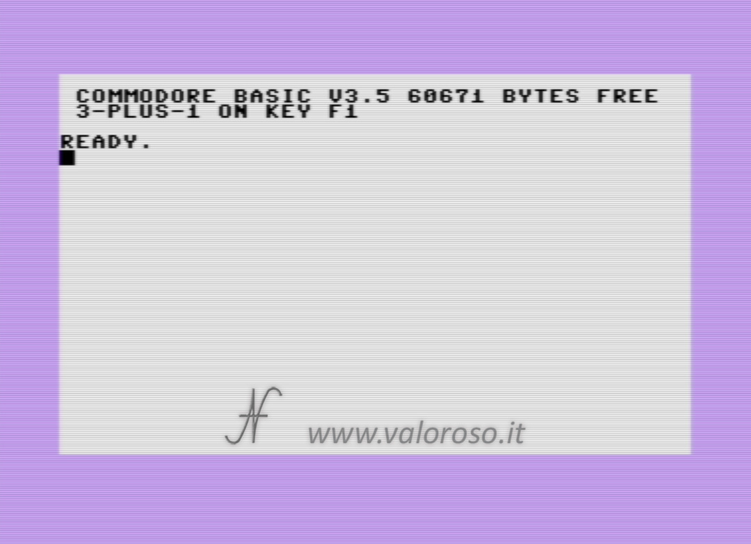 Commodore Plus4 Plus 4, schermata di avvio, monitor iniziale, Basic V3.5, Commodore Basic V3.5 60671 bytes free, 3-plus-1 on key F1, ready