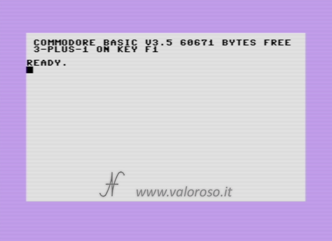 Commodore Plus4 Plus 4, boot screen, initial monitor, Basic V3.5, Commodore Basic V3.5 60671 bytes free, 3-plus-1 on key F1, ready