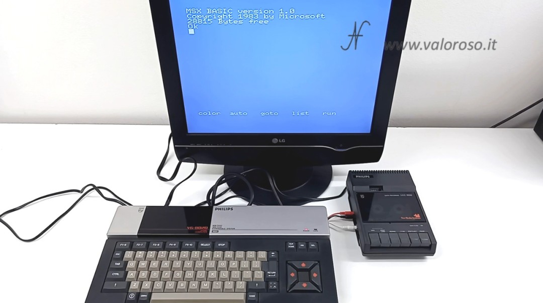 Computer vintage MSX Philips VG 8020, registratore NMS 1520, BASIC, MSX BASIC versione 1.0, Copyright 1983 by Microsoft, 28815 bytes free, Ok