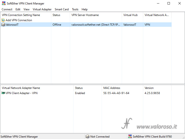 Configurare SoftEther VPN Client Manager, VPN connection created, Connettere un computer remoto alla VPN di casa o ufficio