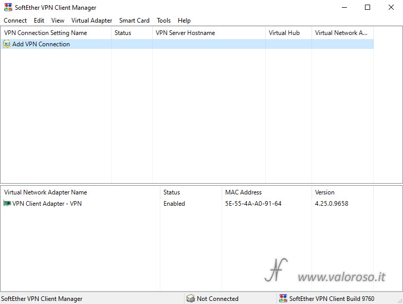 Configure SoftEther VPN Client Manager, add VPN connection, virtual network adapter created