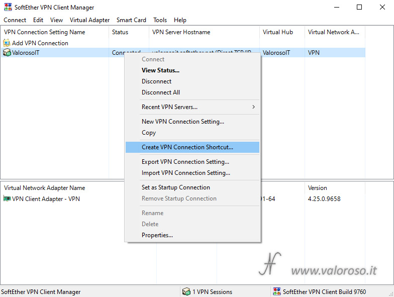 Configurare SoftEther VPN Client Manager, create VPN connection shortcut, icona sul desktop