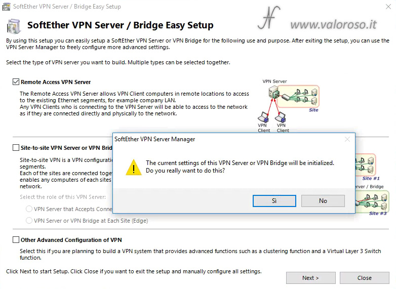 Configurare SoftEther VPN Server Bridge Manager, set up, inizialize server, Come creare un server VPN e collegarsi alla LAN di casa