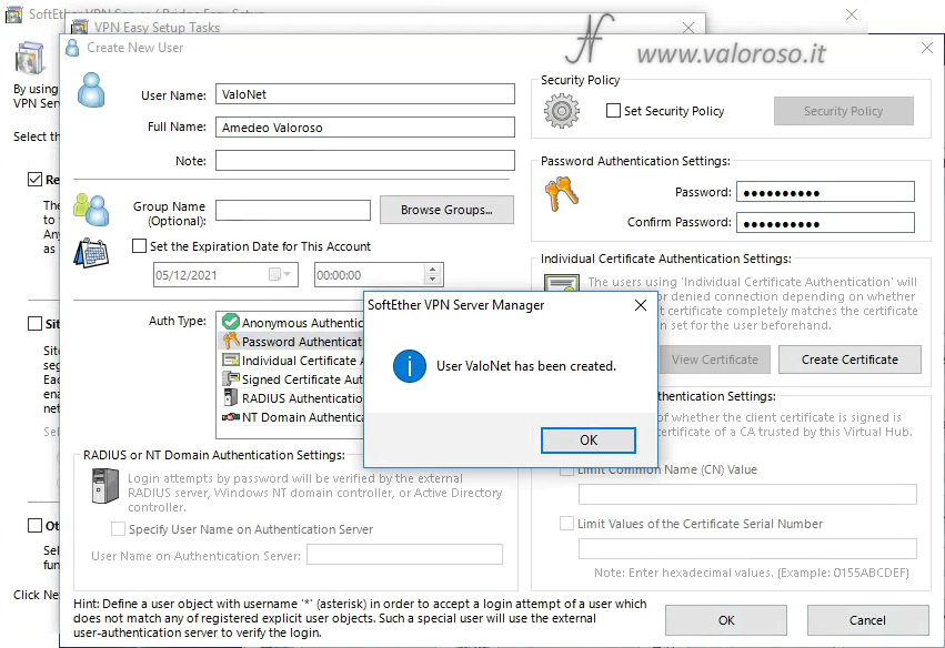 Configure SoftEther VPN Server, Create New User, Password, Authentication, How to create a VPN server and connect to your home LAN