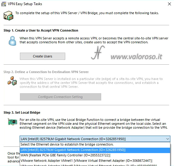 Configurare SoftEther VPN Server, Local Bridge, selezionare la scheda di rete collegata alla sottorete, tutorial passo passo per installare SoftEther, guida per creare una VPN