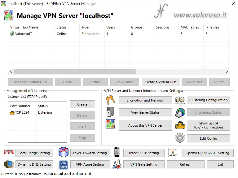 Configurare SoftEther VPN Server, Manage VPN Server, porta di listening 2324, listener port, tutorial passo passo per installare SoftEther, guida per creare una VPN, creare un server VPN e collegarsi alla LAN di casa