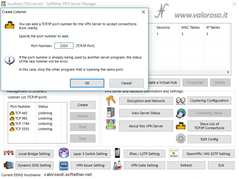 Configurare SoftEther VPN Server, Manage VPN Server, porta di listening 443 992 1194 5555, listener port create