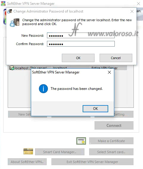 Configurare SoftEther VPN Server Manager, localhost connect password has been changed