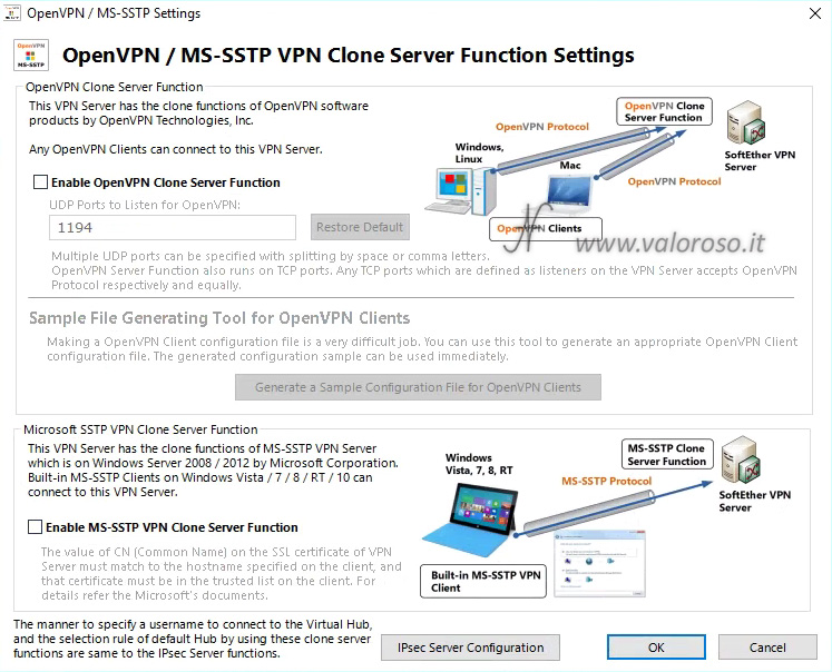 Configurare SoftEther VPN Server, OpenVPN MS-SSTP Clone, IPSEC, impostazioni rete privata virtuale VPN