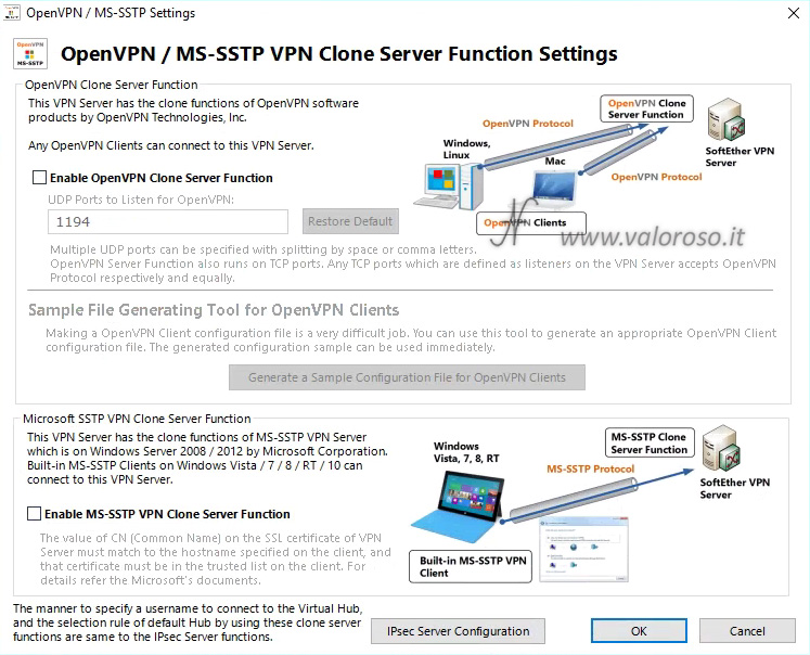 Configure SoftEther VPN Server, OpenVPN MS-SSTP Clone, IPSEC, VPN Virtual Private Network Settings