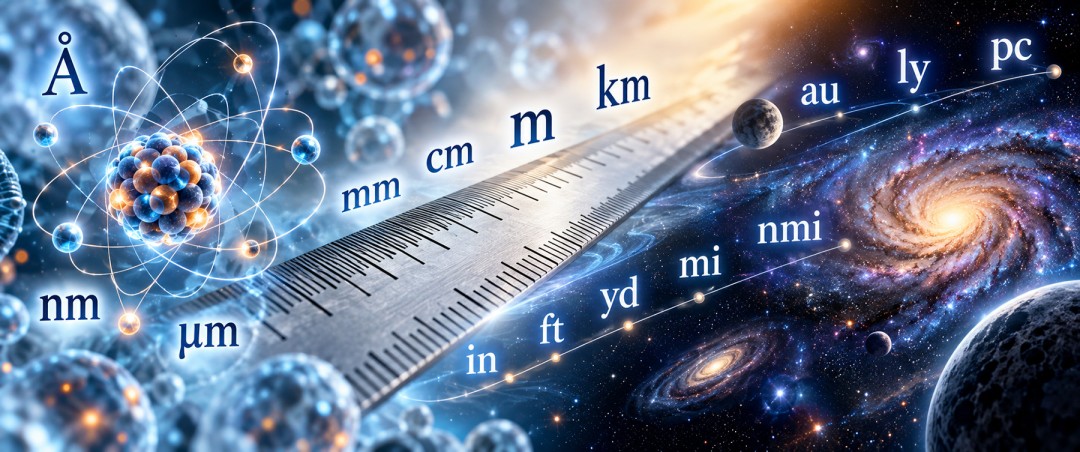 Length converter with a background transitioning from an atom to a metal ruler and a galaxy. The units of measurement Å, nm, µm, mm, cm, m, km, in, ft, yd, mi, nmi, au, ly and pc are visible, arranged along a scale ranging from atomic dimensions to astronomical distances.