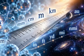 Length converter with a background transitioning from an atom to a metal ruler and a galaxy. The units of measurement Å, nm, µm, mm, cm, m, km, in, ft, yd, mi, nmi, au, ly and pc are visible, arranged along a scale ranging from atomic dimensions to astronomical distances.