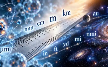 Length converter with a background transitioning from an atom to a metal ruler and a galaxy. The units of measurement Å, nm, µm, mm, cm, m, km, in, ft, yd, mi, nmi, au, ly and pc are visible, arranged along a scale ranging from atomic dimensions to astronomical distances.