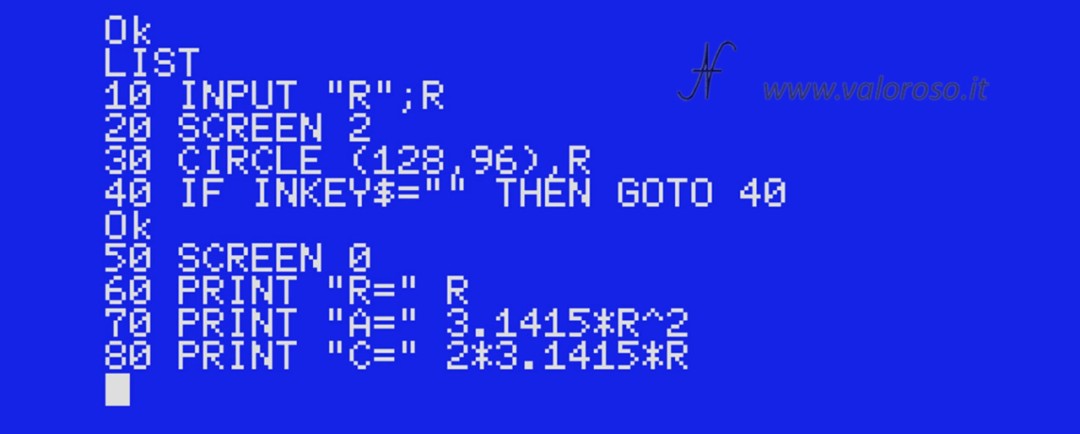 BASIC course, Basic program listing, circle drawing, area, circumference