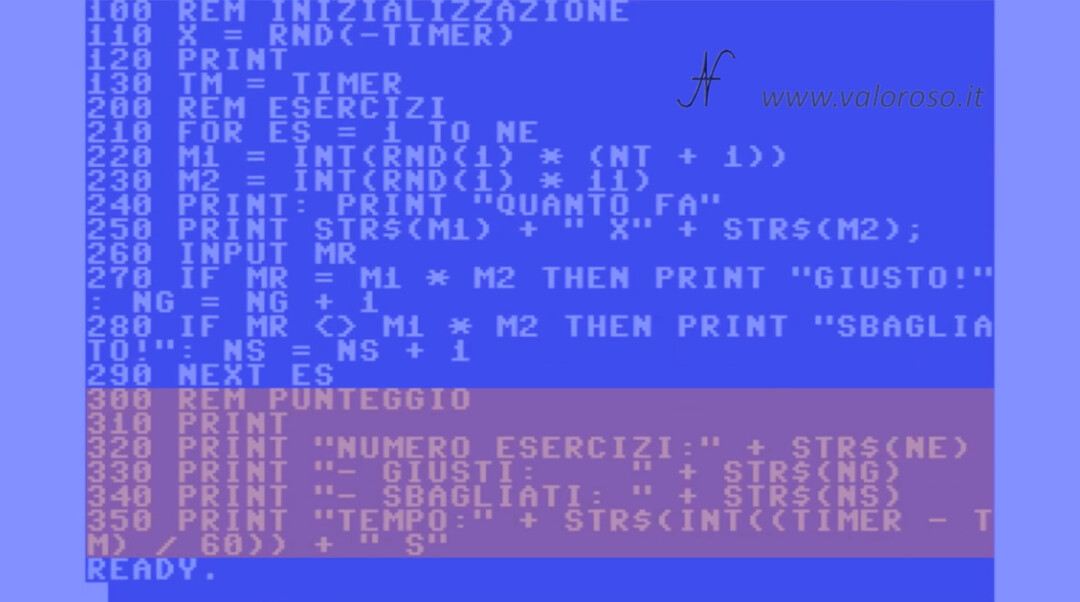 Listato Basic di esempio Commodore 64 provare studiare tabelline risultati, 16 64 128 C64 C16 Vic20 Vic-20 C128 Plus4, PRG D64