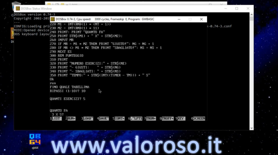 Programma per ripassare le tabelline in Basic, GwBasic DOSBox Windows 10 DOS