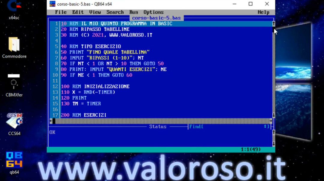 Programma per ripassare le tabelline in Basic, QuickBasic QB64, Windows 10