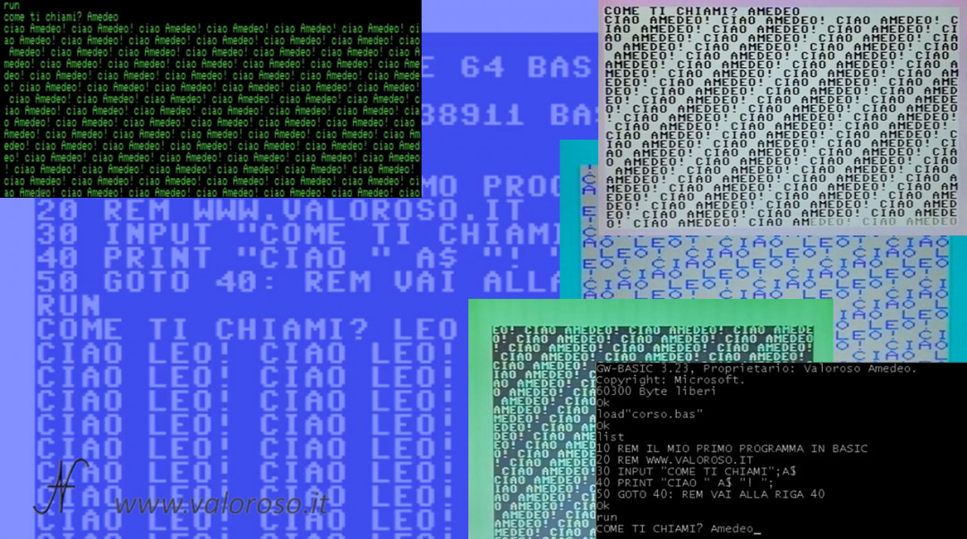 Esecuzione programma di esempio in Basic, Commodore, C16 C128 C64 PET Vic20 GWBASIC, corso tutorial, primo programma in Basic, semplice programma in Basic, Hello World