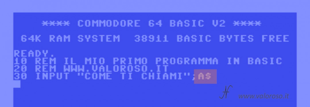 Istruzione comando INPUT variabile stringa A$, dollaro, "$", Corso tutorial programmazione linguaggio Basic Commodore, Commodore 16, Commodore 64, Commodore 128, Commodore PET, Commodore Plus4, Commodore Vic20, C16 C128 C64, IBM DOS MicroSoft GWBASIC, sequenza caratteri, massima lunghezza nome variabili