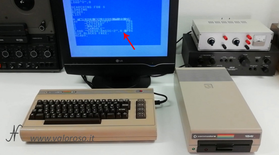 Basic Commodore 2 programming course, load a program file from floppy disk drive 1541 II, colon, PRG