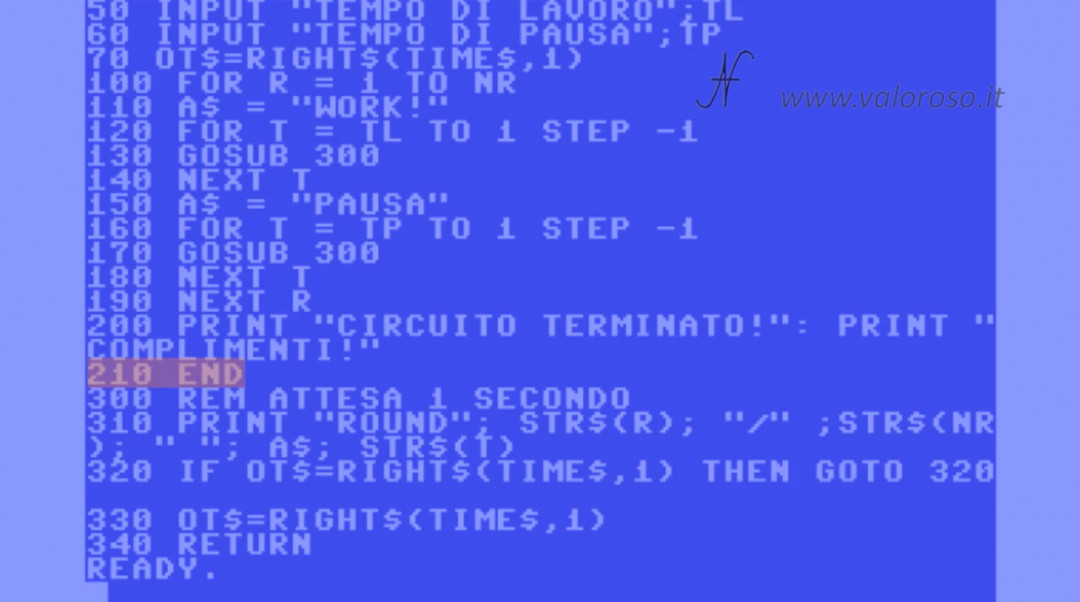 Corso programmazione Basic Commodore 3 istruzione END termina programma, listato, QB64 QuickBasic