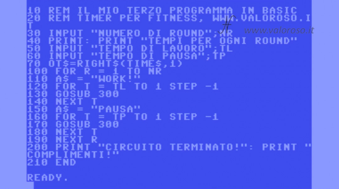 Corso programmazione Basic Commodore listato programma REM INPUT PRINT variabili, QB64